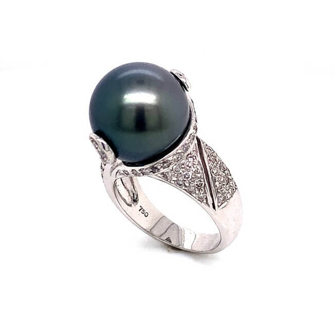 18KT White Gold Tahitian Black Pearl and Diamond Ring